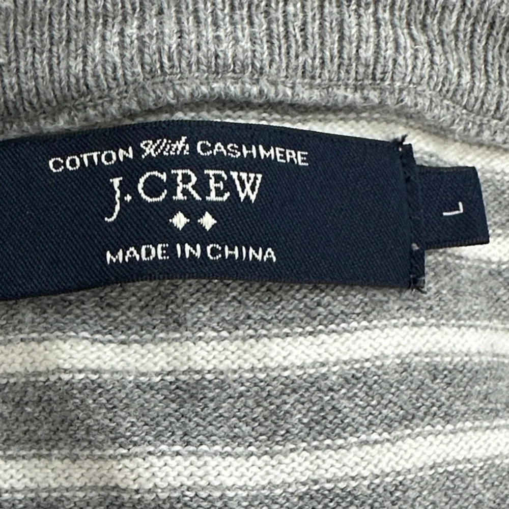 J. Crew Gray and White Striped V-Neck Sweater
